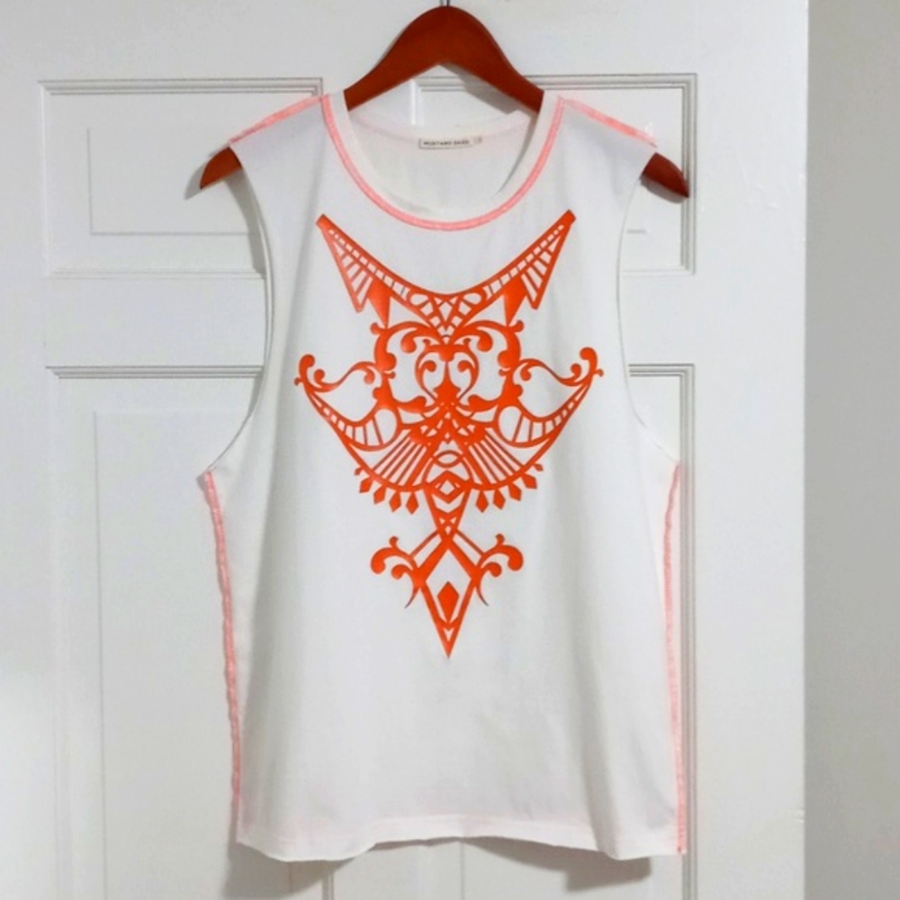 🌞Mustard Seed🌞 - White/Orange Tank w/Leather Aztec Print